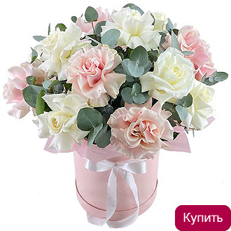 Разноцветные французские розы в шляпной коробке