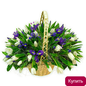 Ирисы и тюльпаны в корзине
